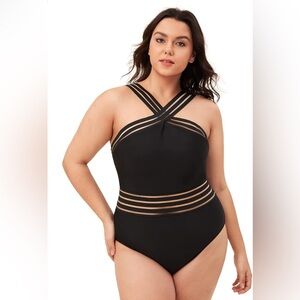 Women's Plus Size Crisscross Mesh Halter One Piece Swimsuit Monokini‎ NWT 20W